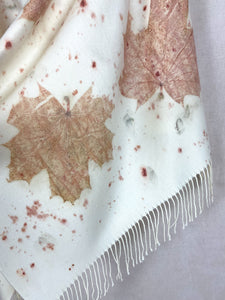Naturally dyed cashmere scarf with Maple leaves, Red tulip petals and Madder