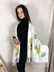 Naturally dyed cashmere scarf with Canadian Goldenrod and Cosmos flowers