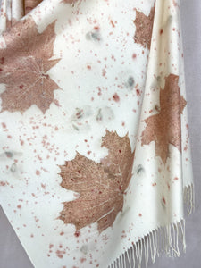 Naturally dyed cashmere scarf with Maple leaves and Tulip petals