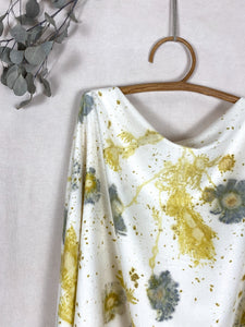 Naturally dyed cashmere scarf with Cosmos and Goldenrod flowers