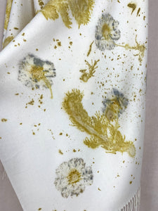 Naturally dyed cashmere scarf with Cosmos and Goldenrod flowers