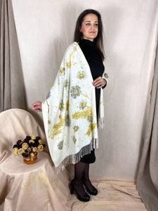 Naturally dyed cashmere scarf with Canadian Goldenrod and Cosmos flowers