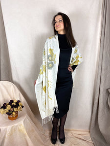 Naturally dyed cashmere scarf with Cosmos and Goldenrod flowers