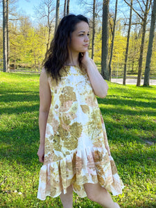 Naturally dyed pure linen dress - Yellow Green Ecoprint Natural