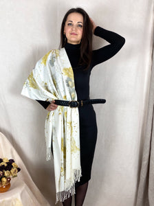 Naturally dyed cashmere scarf with Cosmos and Goldenrod flowers